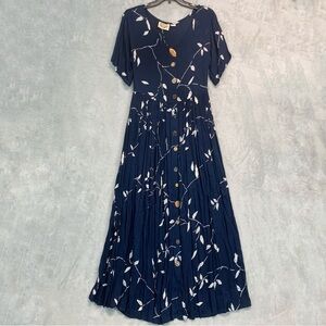 Modest Navy Blue Short Sleeves Floral Leaf Pattern Maxi Dress Size L